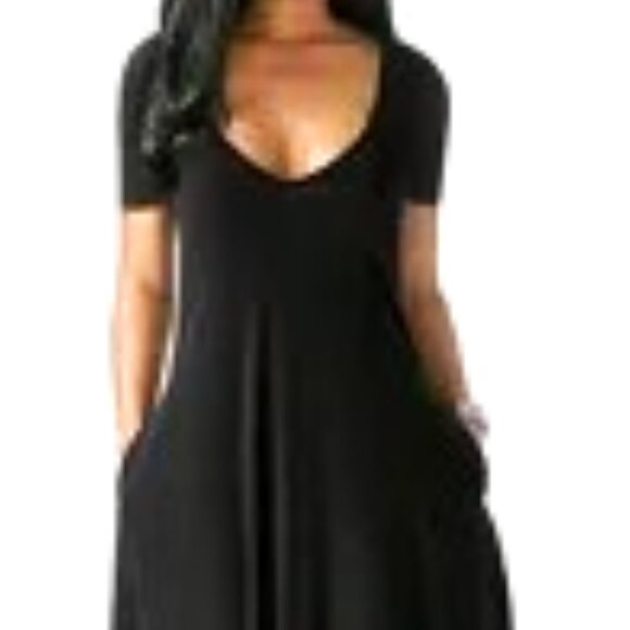 MAXI BLACK DRESS SPANDEX &COTTON STRETCHY HAS POCKETS CASUAL WIDE MIDDLE - Picture 1 of 2